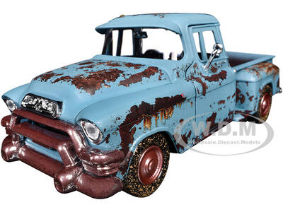 1955 GMC Blue Chip Pickup Truck Matt Blue (Rusted) Weathered Treasures Series 1/24 Diecast Model Car by Motormax