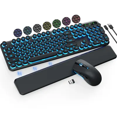 SABLUTE KL302 Retro Backlit USB Combo(Not Bluetooth), Round Keycap Keyboard with Detachable Wrist Rest - 2.4G Cordless Keyboa...