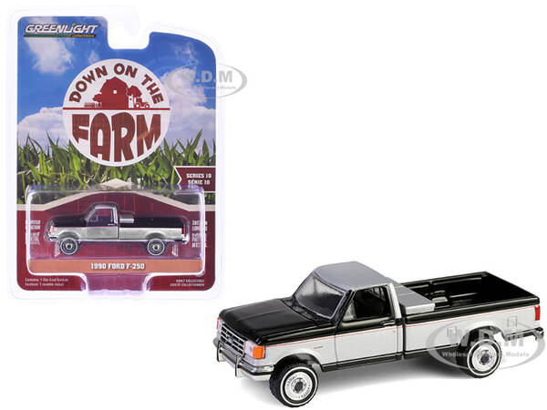 1990 Ford F-250 Pickup Truck with Tool Box Raven Black and Silver Metallic Down on the Farm Series 10 1/64 Diecast Model by G...