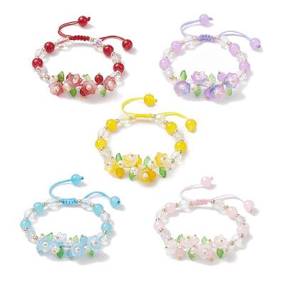 Flower Glass & Acrylic Braided Bead Adjustable Bracelets for Women