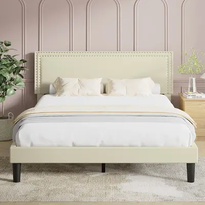 VECELO Queen Size Upholstered Bed/Black/Pink/Grey/Beige Bed Frame/Upholstered Platform Bed/Solid Wood Slats/No Box Spring Req...