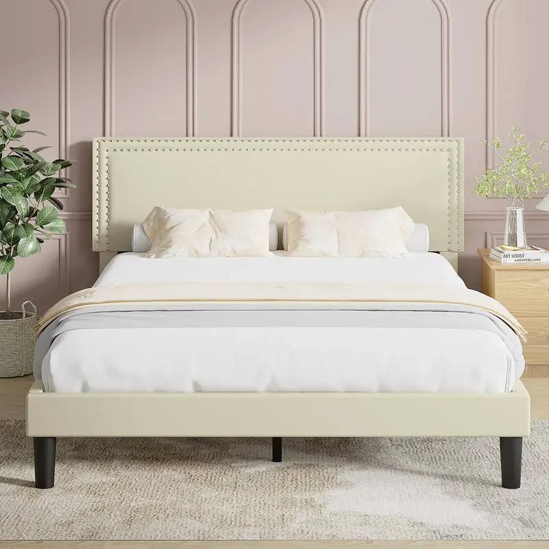VECELO Queen Size Upholstered Bed/Black/Pink/Grey/Beige Bed Frame/Upholstered Platform Bed/Solid Wood Slats/No Box Spring Req...
