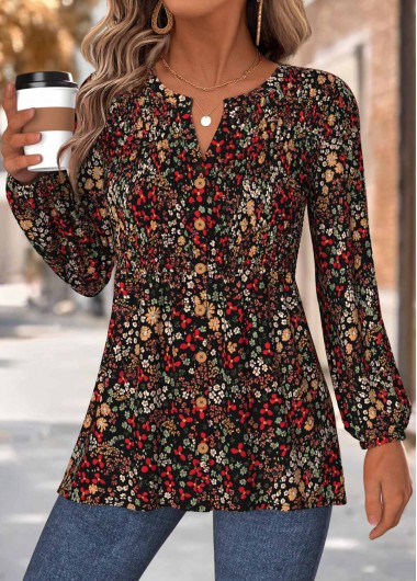 Modlily Multi Color Peplum Floral Print Long Sleeve Blouse - M