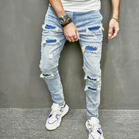 Men's Denim Jeans Street Stylish Men Holes Patch Skinny Pencil Jeans Pants Male Ripped Solid Slim Denim Trousers For Man Mens...