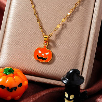Stainless Steel Enamel Halloween Pumpkin Pendant Dapped Chain Necklaces