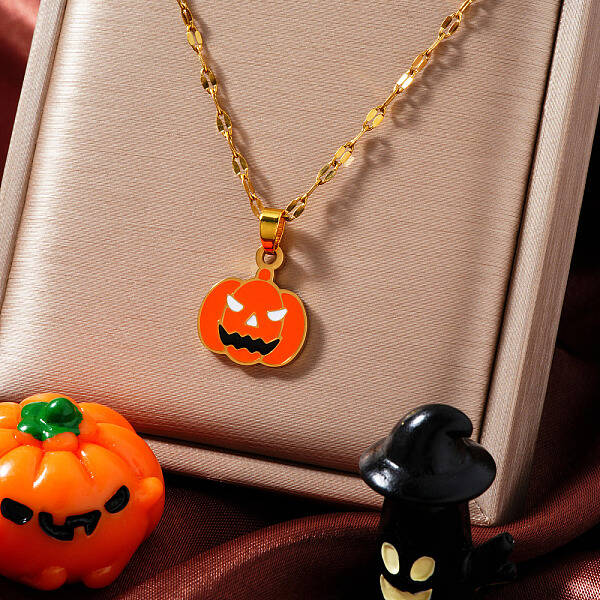 Stainless Steel Enamel Halloween Pumpkin Pendant Dapped Chain Necklaces