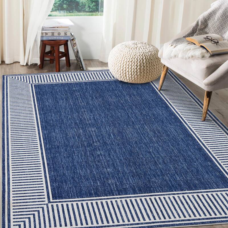 Garvee Bordered Blue 5x7 Washable Rug for Bedroom Large Living Room Rug with Rubber Backing Casual Striped Border Throw Carpe...