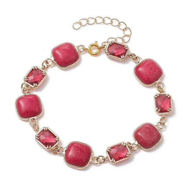 Dyed Natural White Jade Square & Alloy Link Chain Bracelets for Women