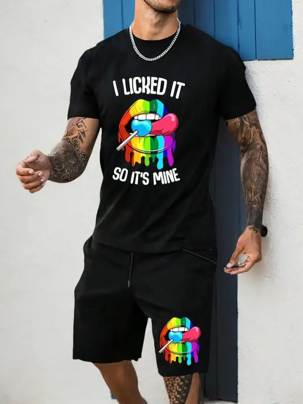 Two-Piece Set Men's Cartoon Lip & Letter Print Tee & Drawstring Pocket Shorts Set, Regular Fit Round Neck Short Sleeve T-shi...