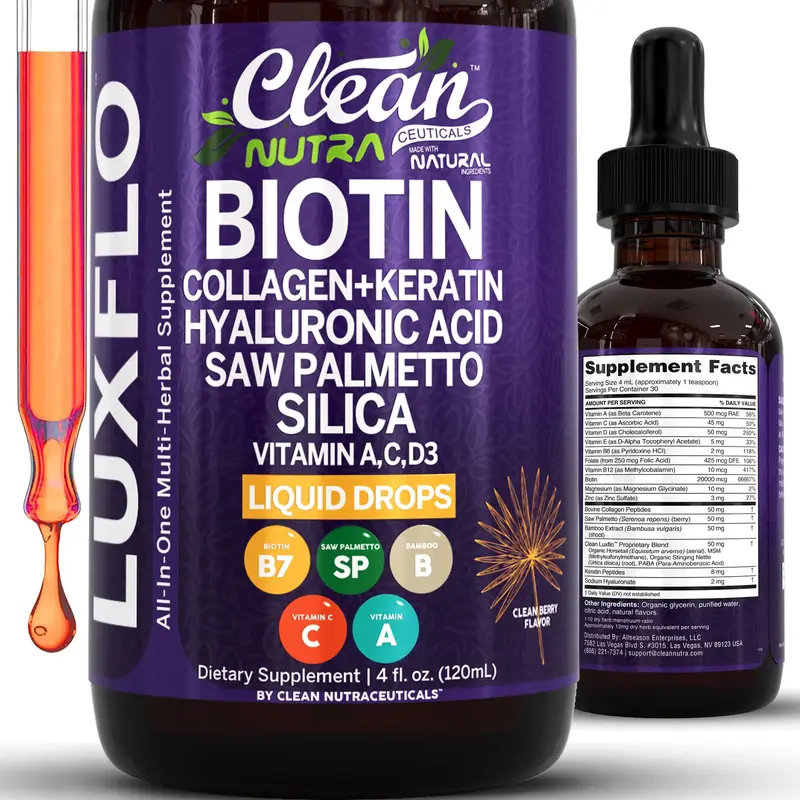 Biotin Liquid Drops Collagen Keratin Hyaluronic Acid Saw Palmetto | Hair Skin and Nails Silica Vitamin A C D3 Bamboo Zinc Fol...