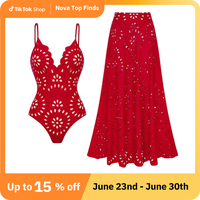 FLAXMAKER Women's Hollow Fabric Red One-Piece Swimsuit and Matching Cover Skirt Swimwear Set Chic Beachwear cozyvibes summer ...