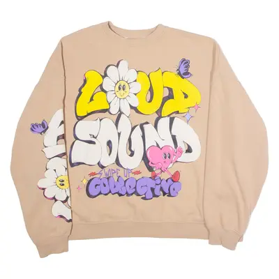 BERSHKA Loud Sound Floral Mens Sweatshirt Beige Crew Neck XL