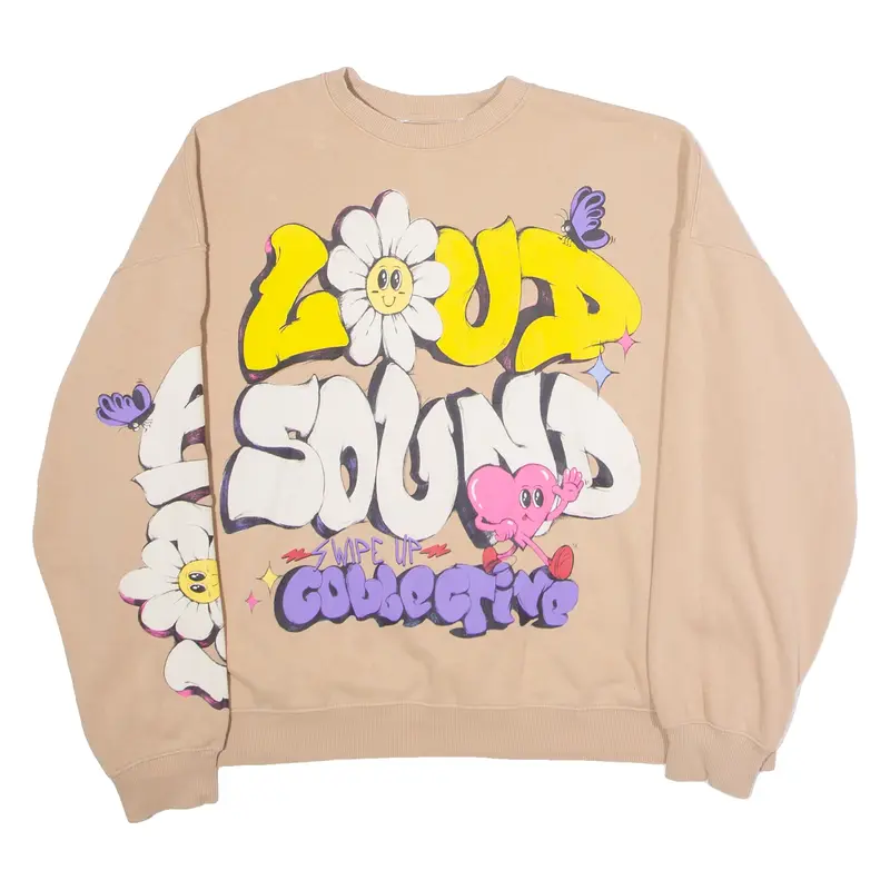 BERSHKA Loud Sound Floral Mens Sweatshirt Beige Crew Neck XL