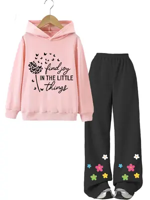Two-Piece Set Girl's Butterfly Graphic Hoodie & Floral Print Elastic Waist Pants Set, Casual Long Sleeve Hooded Pullover & Po...