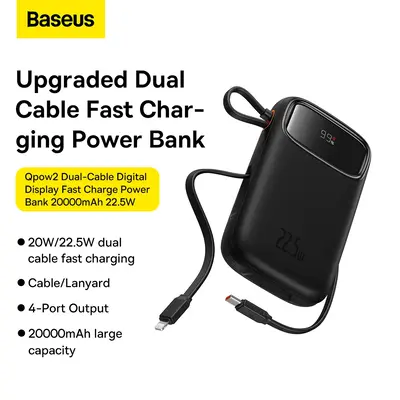 Baseus Qpow2 Power Bank 20000mAh Built-in USB-C & Lightning Cables Fast Charging 22.5W Portable Charger Digital Display
