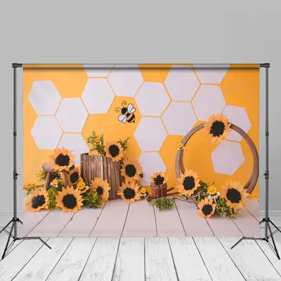 Sunflower Bee Wood Birthday Cake Smash Backdrops - Aperturee