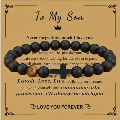 Black Color Stone Bracelet With Cross Decoration Blessing Card For Brother Boyfriend Son Husband, Valentine's Day Birthday Gi...