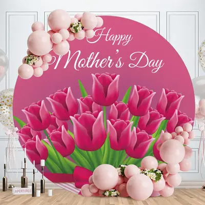 Aperturee Dark Pink Floral Round Happy Mothers Day Backdrops