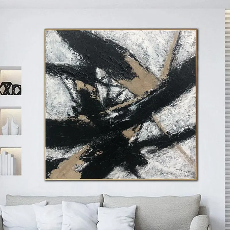 Abstract Painting on Canvas Black and White Wall Art Black Lines Painting Original Artwork Custom Art in Size 40x40 Art Wall ...