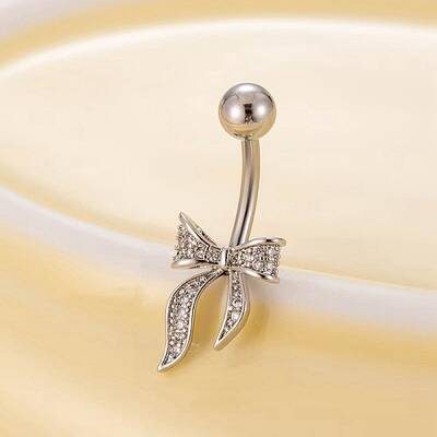 Brass Pave Clear Cubic Zirconia Curved Barbell Bowknot Belly Rings