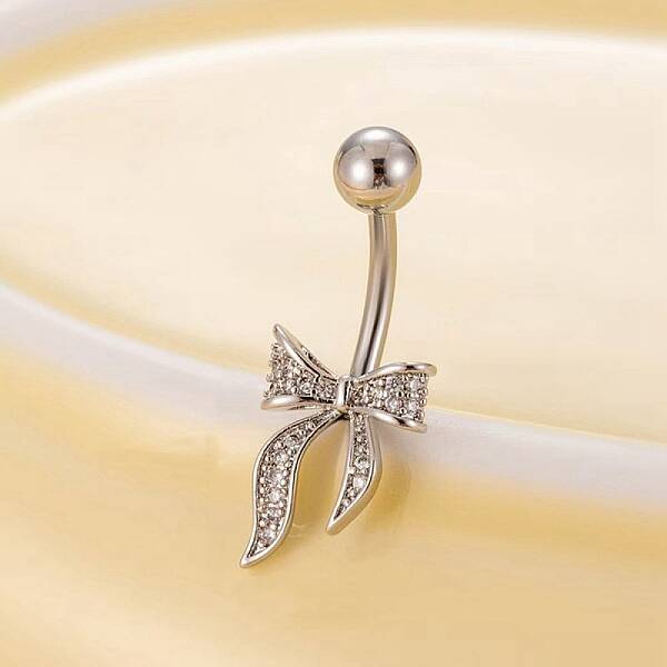 Brass Pave Clear Cubic Zirconia Curved Barbell Bowknot Belly Rings