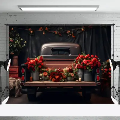 Black Car Curtain Red Rose Valentines Day Backdrop - Aperturee