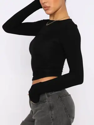 Women's Solid Round Neck Tight Long Sleeve Tee, Basic High Street Crewneck T-shirt, Ladies Top for Spring & Fall Outdoor Stre...