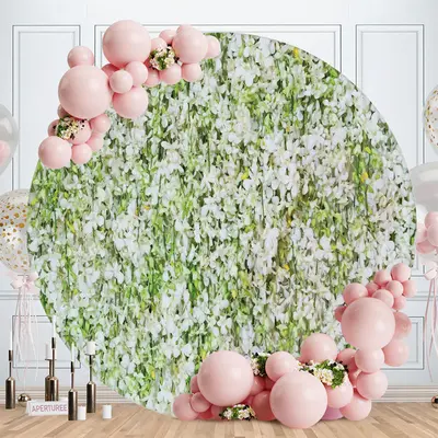 Aperturee Green White Flower Round Happy Birthday Backdrop