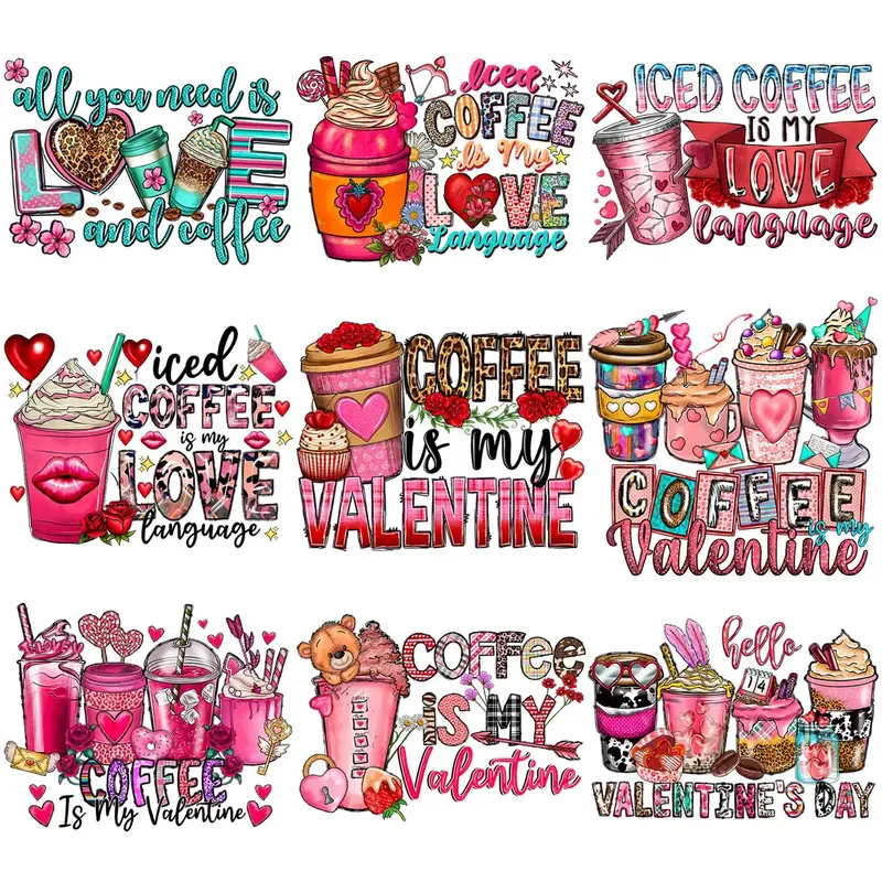 Coffee & Letter Pattern Decor Iron on Heat Transfer Paper, 9pcs/set Long Lasting Printing Decorative Hot Stamping Paper for ...