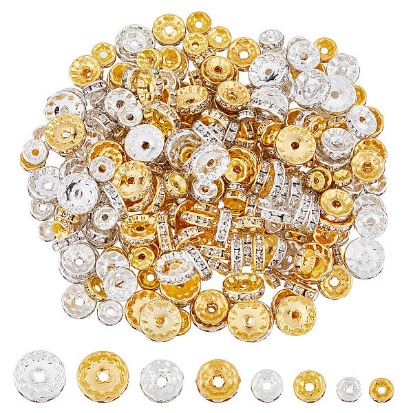 240Pcs 8 Styles Iron & Brass Rhinestone Spacer Beads