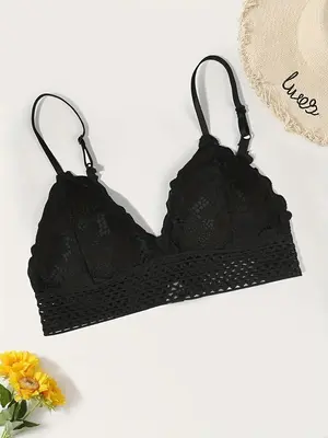 Women's Scallop Trim Lace Push Up Bra, Elegant Comfort Breathable Bralette for Daily Wear, Lady Lingerie Top for All Sea...