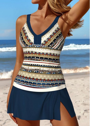 Modlily Patchwork Tribal Print Dark Blue Tankini Set - M