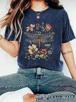 Women's Dragonfly & Floral Print Round Neck Tee, Trendy Casual Crew Neck T-shirt for Daily Wear, Ladies Spring Outfit, Top