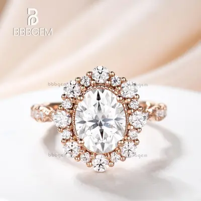 Vintage 2CT Oval Cut Moissanite Halo Engagement Ring Solid White Gold