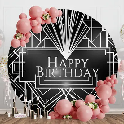 Black Line Geometry Round Happy Birthday Backdrop - Aperturee