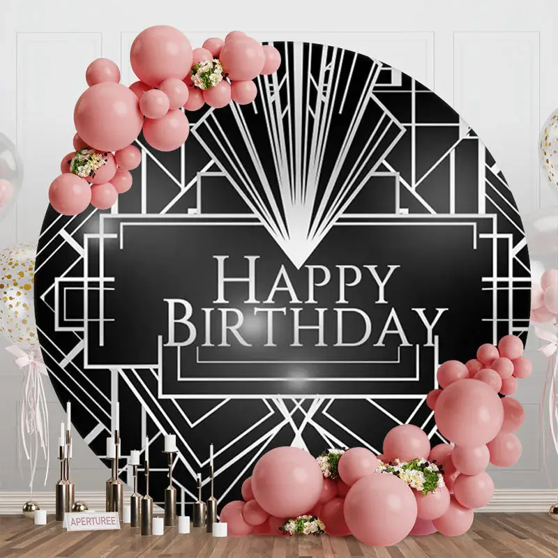 Black Line Geometry Round Happy Birthday Backdrop - Aperturee