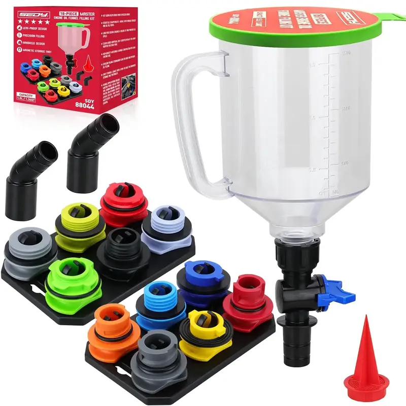 18-Piece Engine Oil Funnel Set, 1.59QT/1.5L Automotive Oil Funnel Kit with 12 Adapters, Elbow Fitting, Arrow Screen and Magne...