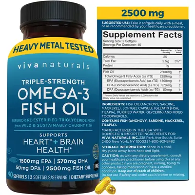 Viva Naturals Omega 3 Fish Oil Supplement for Women and Men - 2500 mg Triple Strength Fish Oil Pills with Re-Esterified Omega...