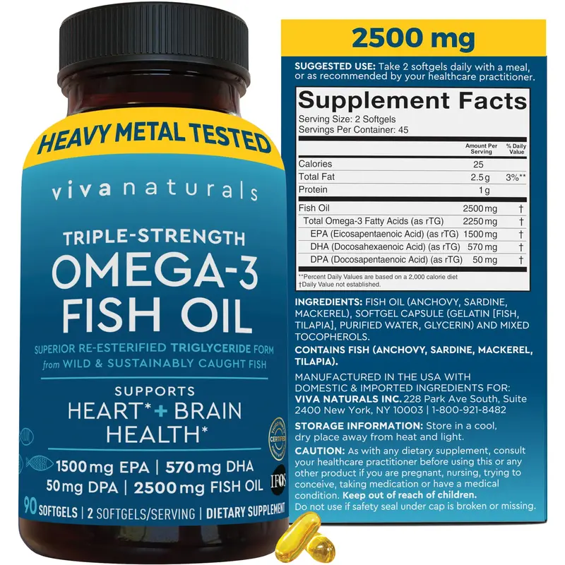 Viva Naturals Omega 3 Fish Oil Supplement for Women and Men - 2500 mg Triple Strength Fish Oil Pills with Re-Esterified Omega...