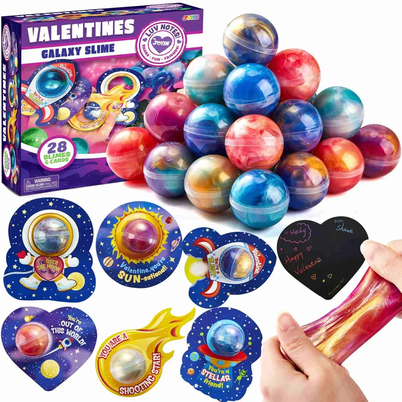30Pcs Cosmic Realm Valentine Slime with Scratch-Off Cards and Galaxy Balls for Kids Classroom Exchange Gift / 28Pcs Heart-Sha...