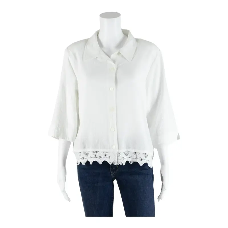 TAN JAY Lace Detail Button-Up White Collared 3/4 Sleeve Womens M