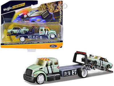 International DuraStar Flatbed Truck 17 and 1988 Ford Mustang LX 17 Light Green Metallic with Stripes and Graphics \
