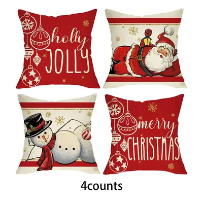 Merry Christmas Themed Pillowcase, 4 Counts/set Santa Claus & Snowman Pattern Cushion Cover without Filler, Home Decoration S...
