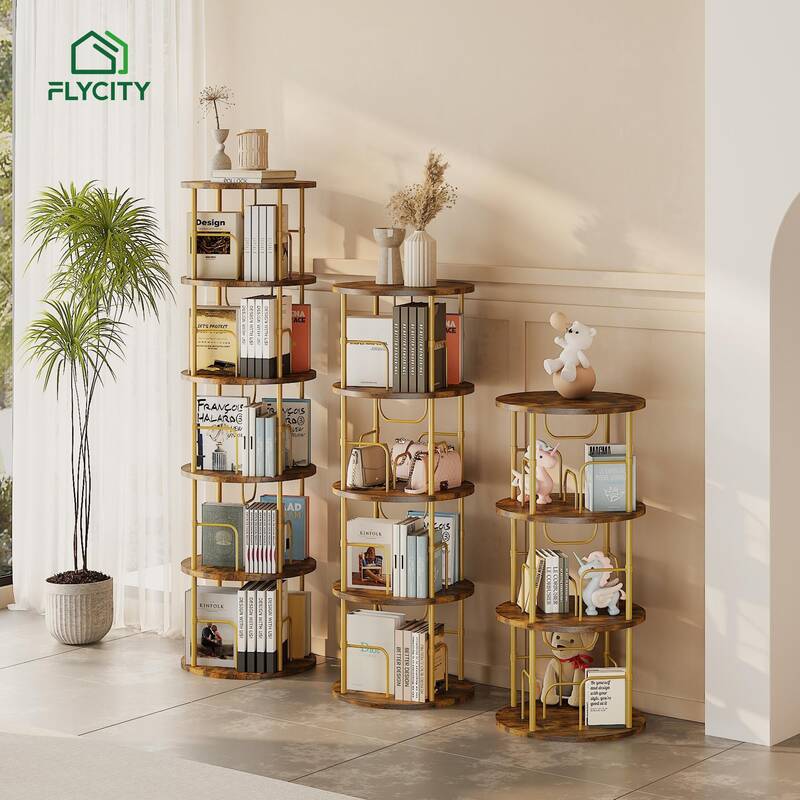 Flycity Rotating Bookshelf 3-5 Tier Spinning Bookshelf Tower 360 Display Unique Round Bookcase for Home Study and Office