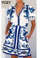 YOZY Women's Ethnic Pattern Print Puff Sleeve Shirt & Skirt Two-piece Set, Boho Casual Short Sleeve Top & Skirt for Beach V...