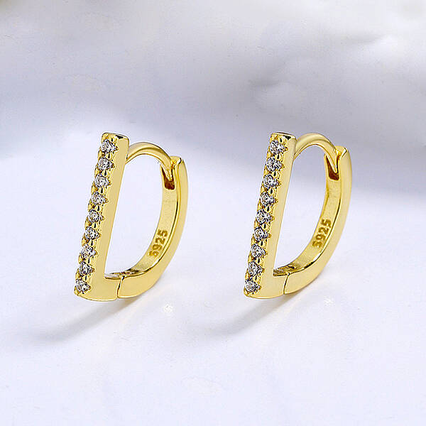 D Shaped 925 Sterling Silver Pave Clear Cubic Zirconia Hoop Earrings for Women