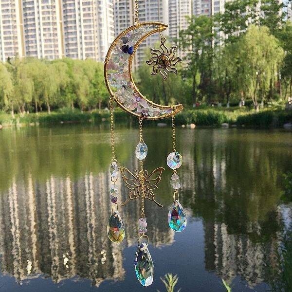 Natural Fluorite Chip & Metal Moon Hanging Suncatchers