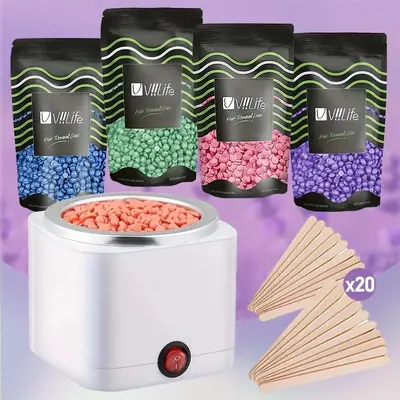 Hair Removal Waxing Kit Set, 1 Count 200cc Wax Warmer Machine with 4 Counts Wax Grain & 20pcs Wooden Sticks, Diffuser Hair Re...