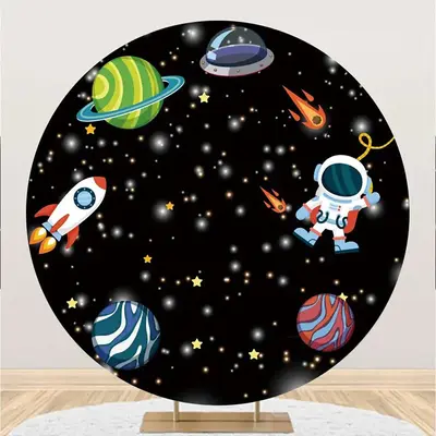 Rocket Black Galaxy Planet Astronaut Circle Backdrop - Aperturee