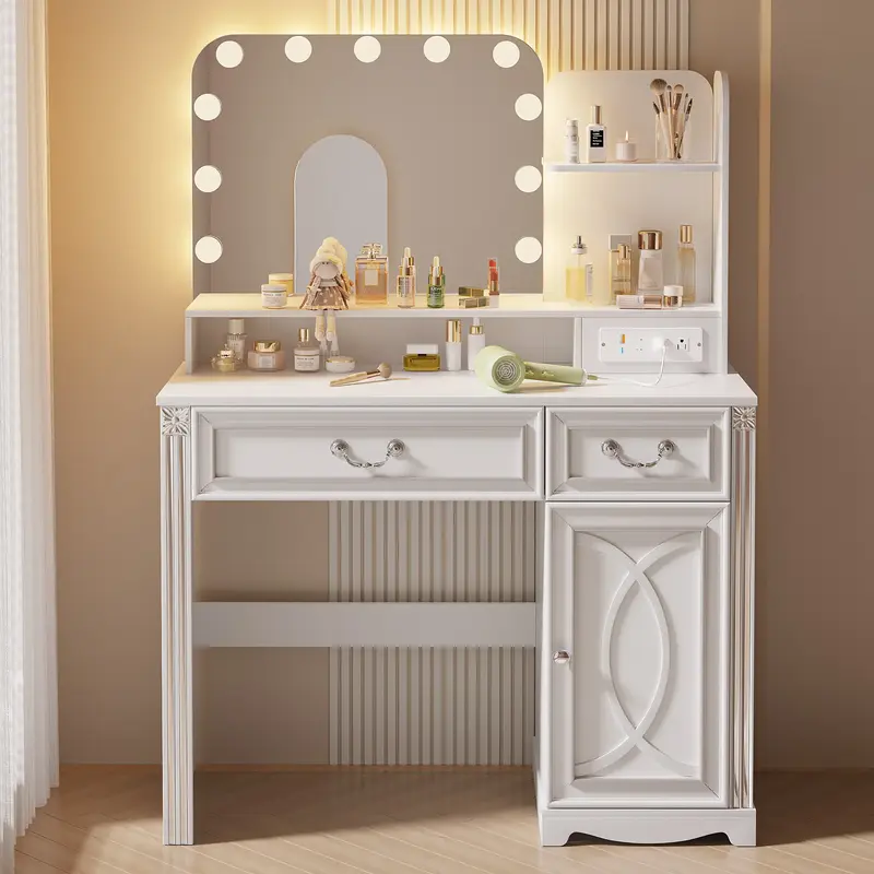 Miu Makeup Vanity with Outlet and 11 LED Lights, 3 Lighting Modes, Large Mirror, Retro Edition, Dressing Table for Bedroom Co...